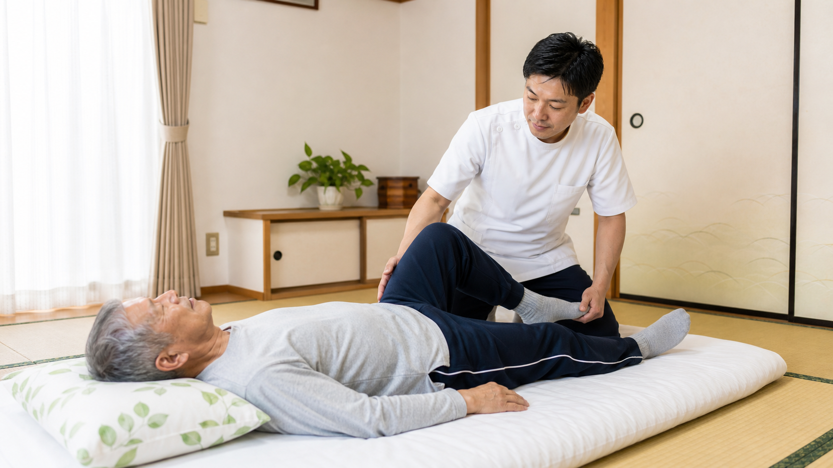ご自宅のマットで足の動きの質を評価する男性施術者