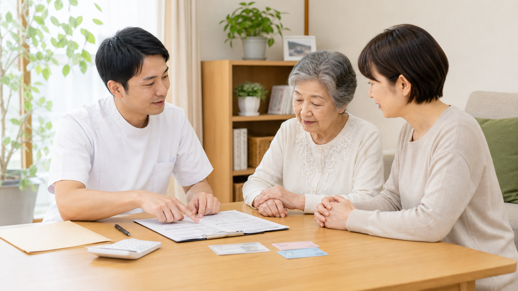 健康保険証や書類を確認しながら料金を説明する男性施術者